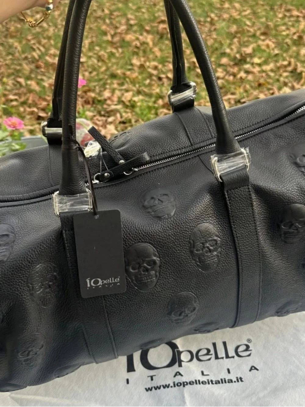 IO Pelle Skull Leather Black Embossed Skull Leather Duffel Bag
